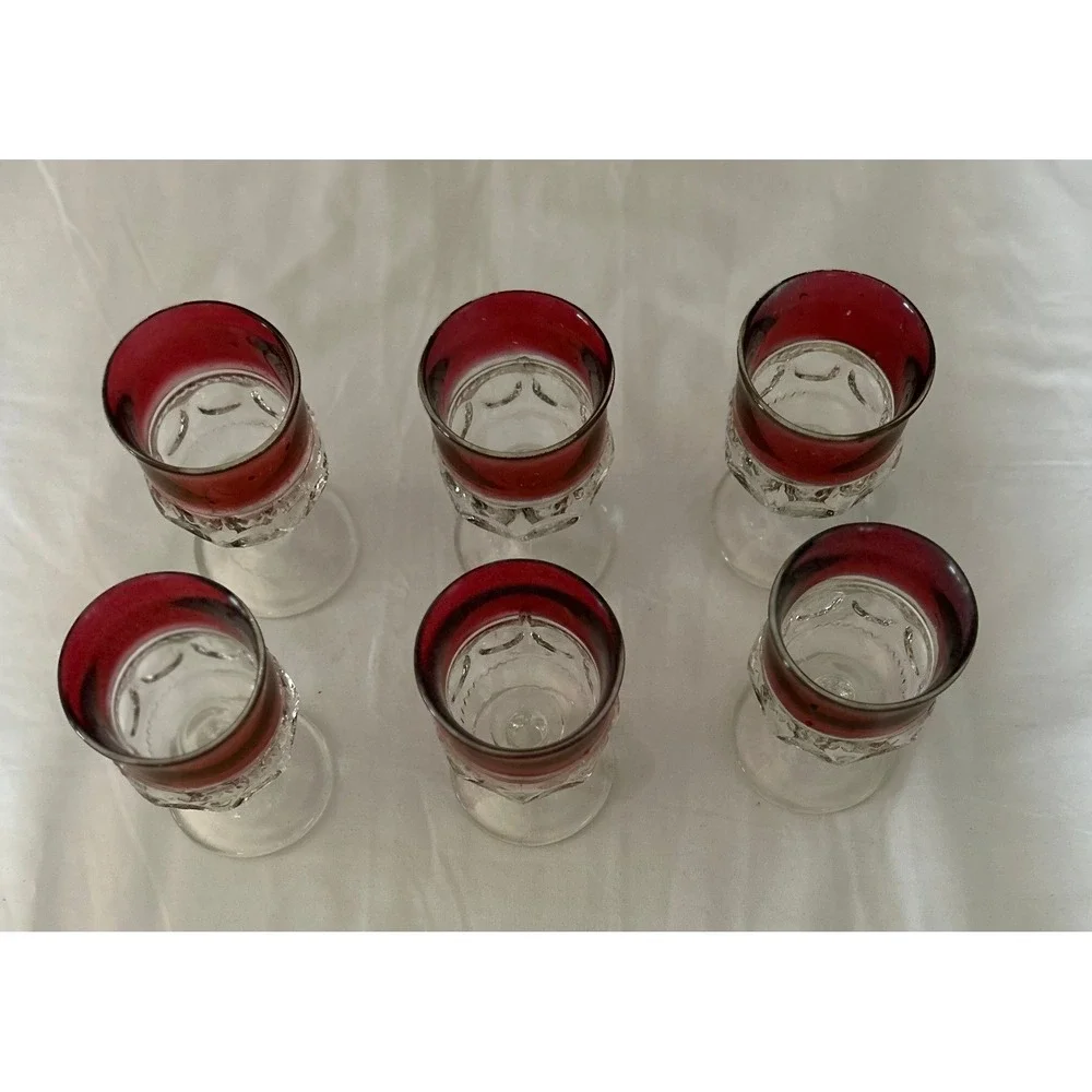 Vintage Cordial Glasses Set of 6 Ruby Red Flashed Pressed Glass Good Condition